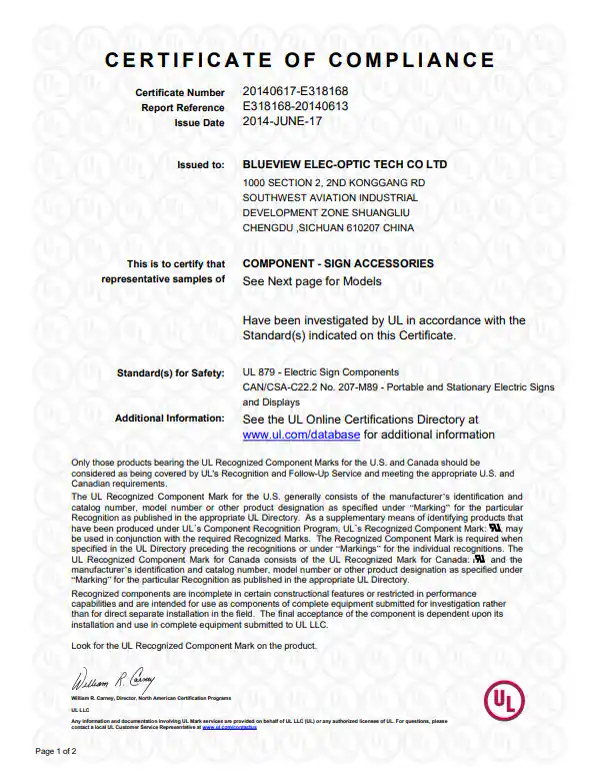 UL Certificate of Compliance – sign components