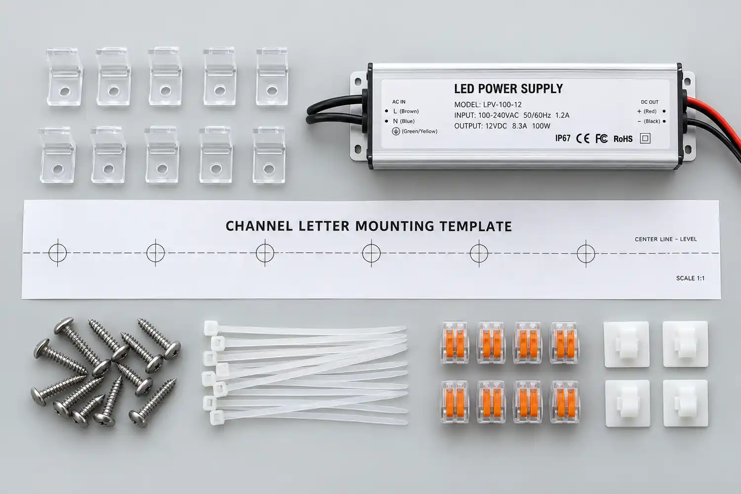 Channel letter installation accessories flat lay