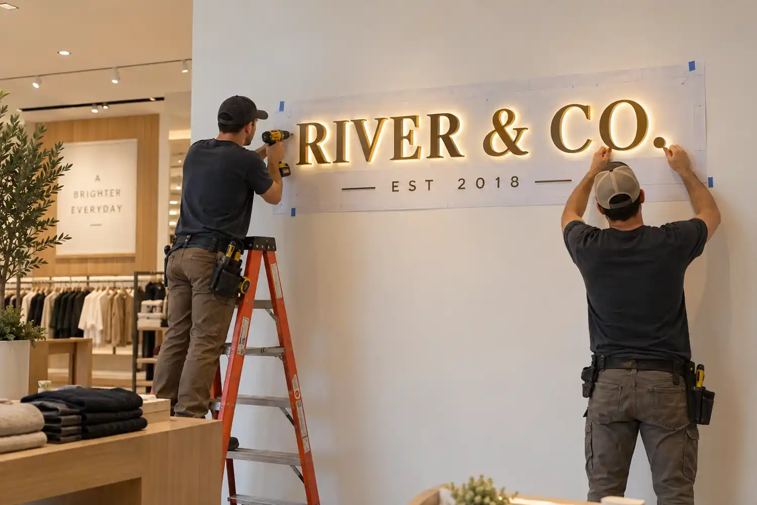 Installer mounting channel letters on an interior brand wall