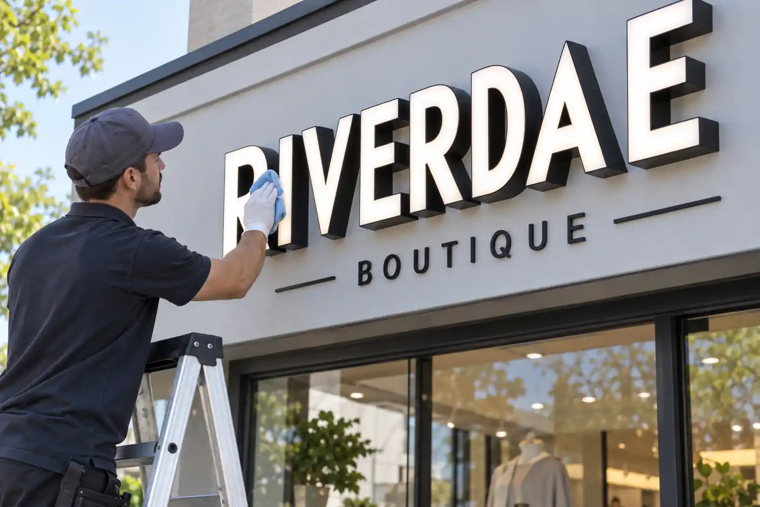 Technician cleaning an illuminated channel letter sign during the day