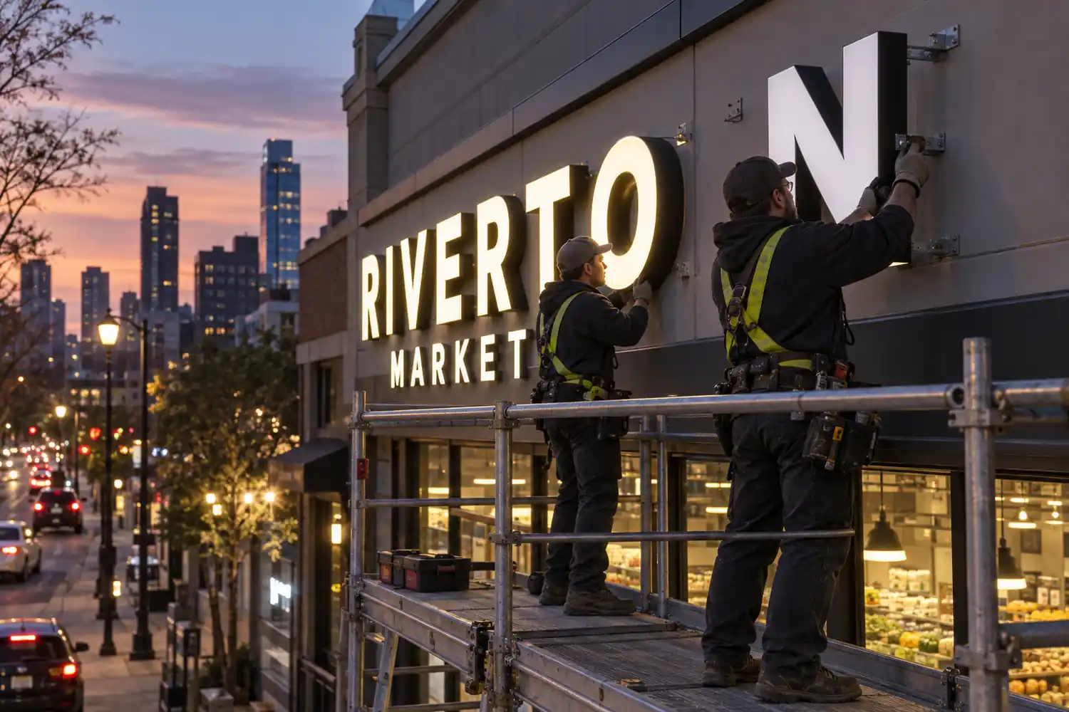 Installers mounting illuminated channel letters on an exterior storefront facade