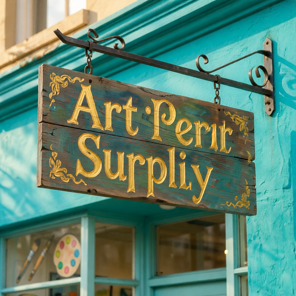 Close-up of hand-painted wood sign with gold leaf lettering for art and stationery supply store