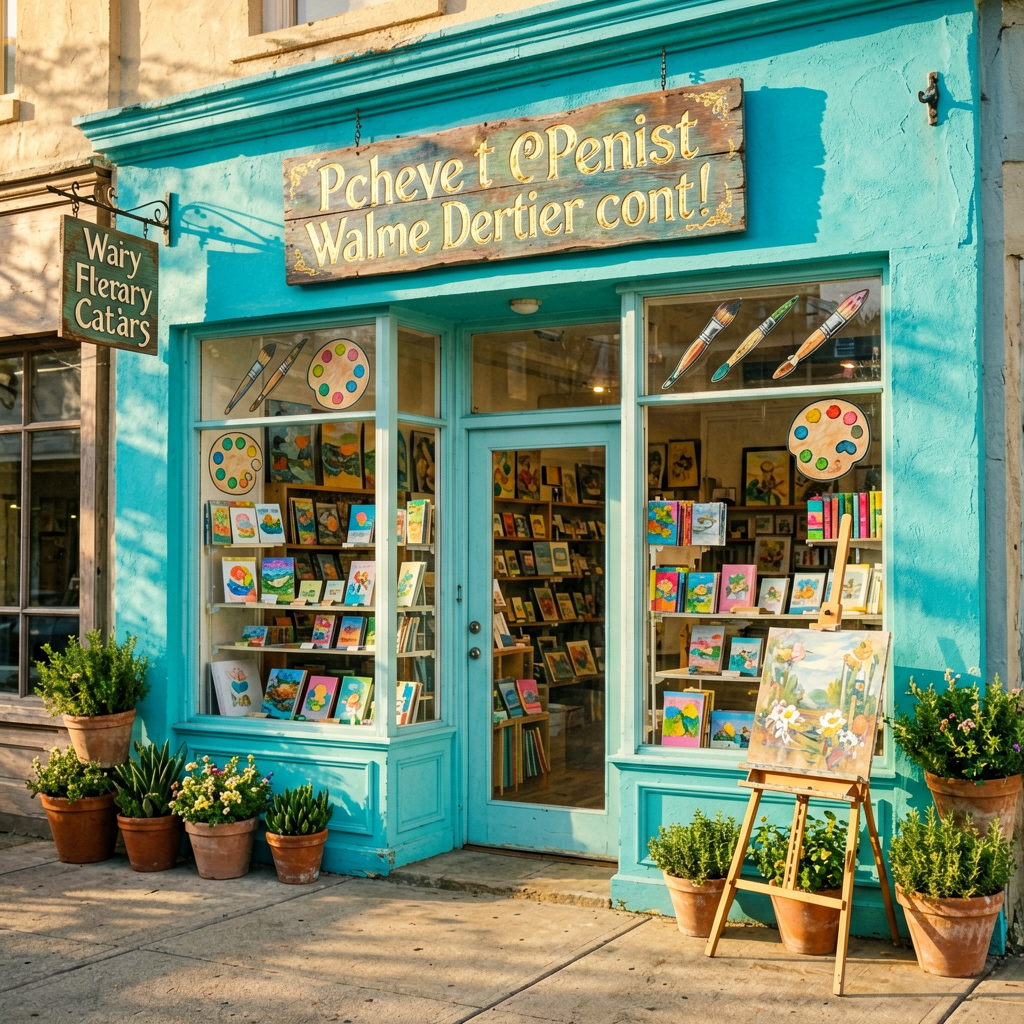 Art supply storefront with hand-painted gold leaf wooden sign and wrought iron blade sign in Austin Texas