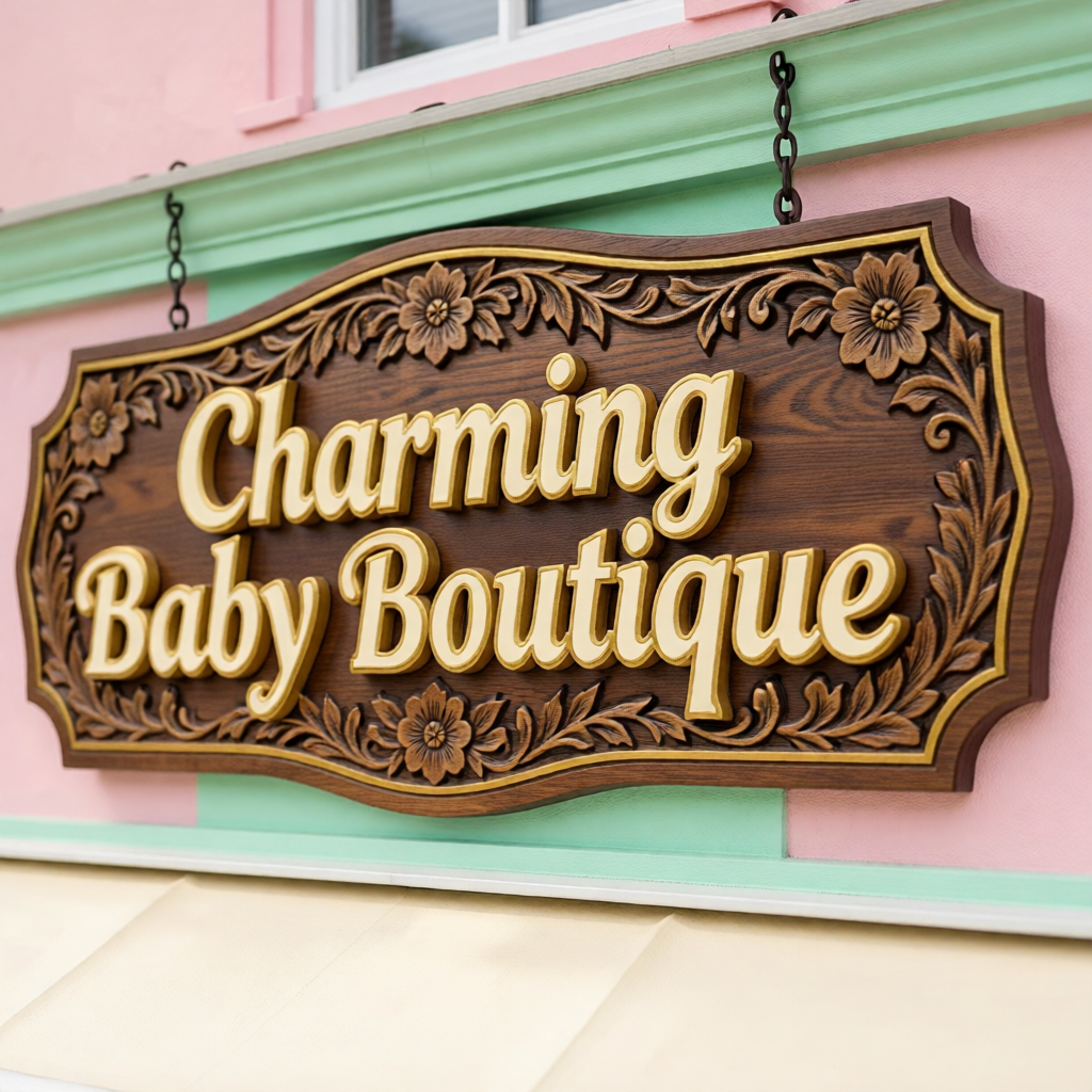 Close-up of carved wood dimensional letters with gold leaf detailing for baby and maternity boutique