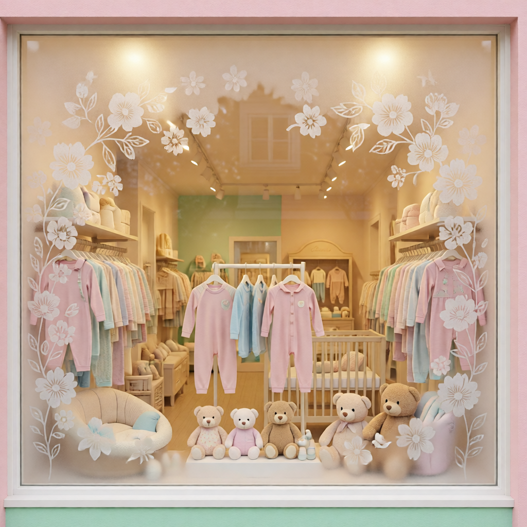 Baby store window with frosted film featuring elegant typography and soft pastel tones