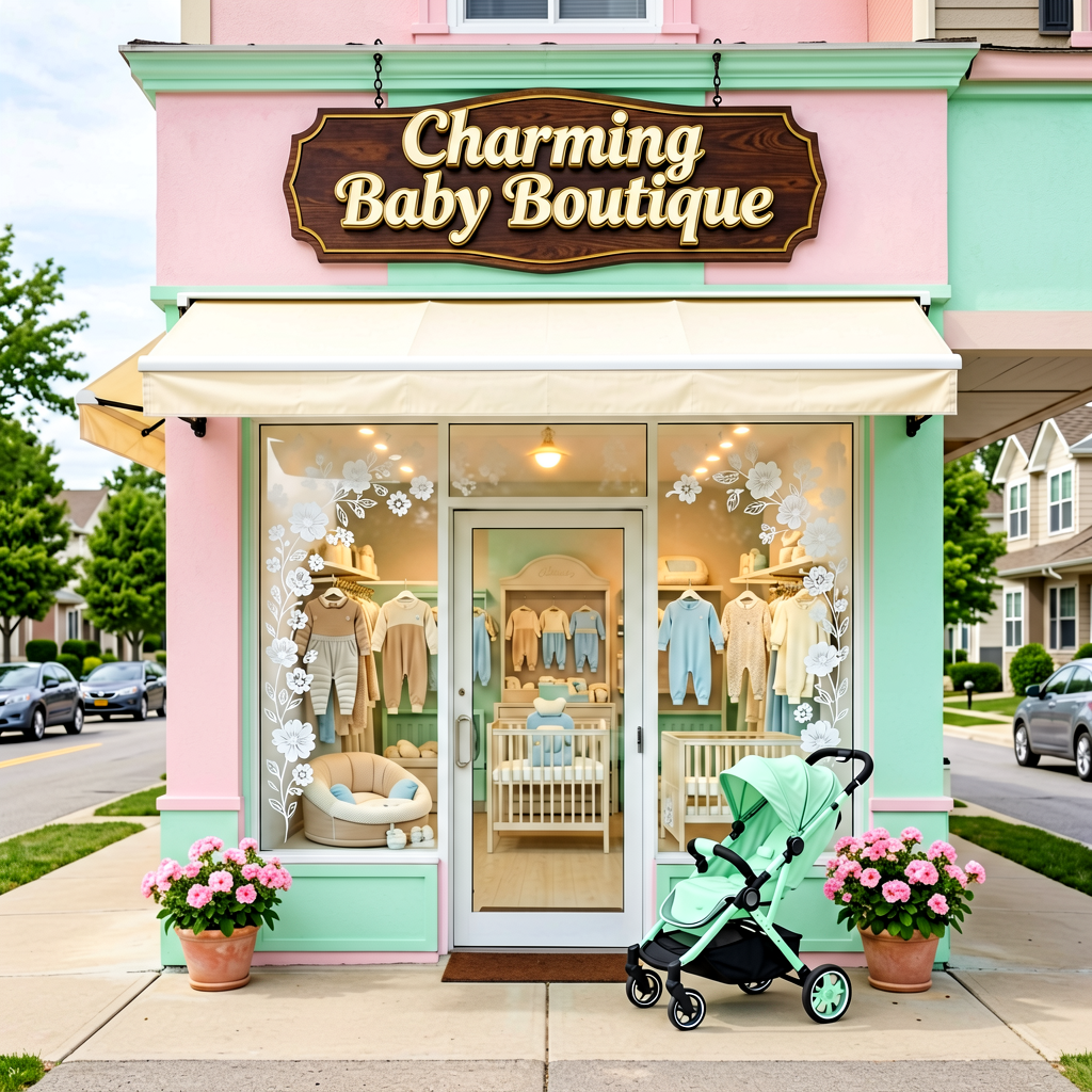 Baby boutique storefront with hand-carved wood dimensional letters and gold leaf on pastel storefront