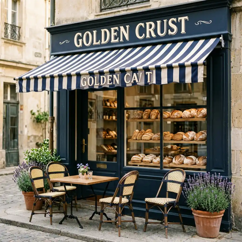 Golden Crust bakery patisserie storefront sign — alternate angle showing full storefront