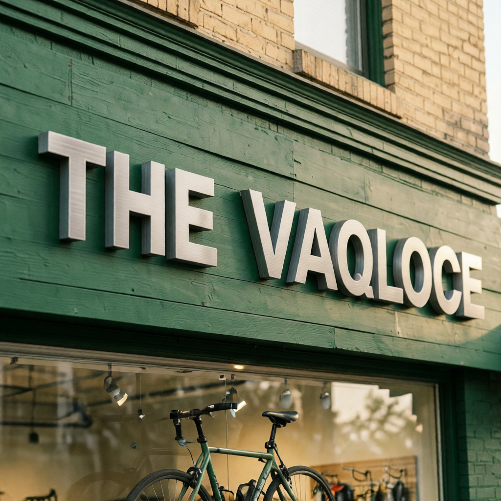 Close-up of brushed silver channel letters for bicycle and outdoor sports retail store