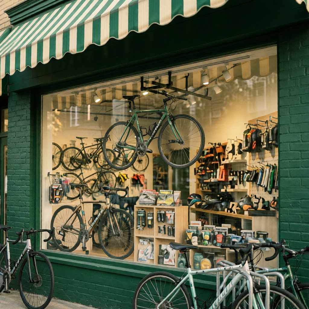 Bicycle shop window display with cycling gear and striped awning shade