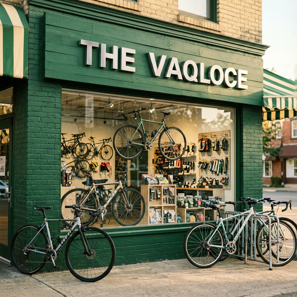 Bicycle shop storefront with brushed stainless steel channel letters and green awning in Denver