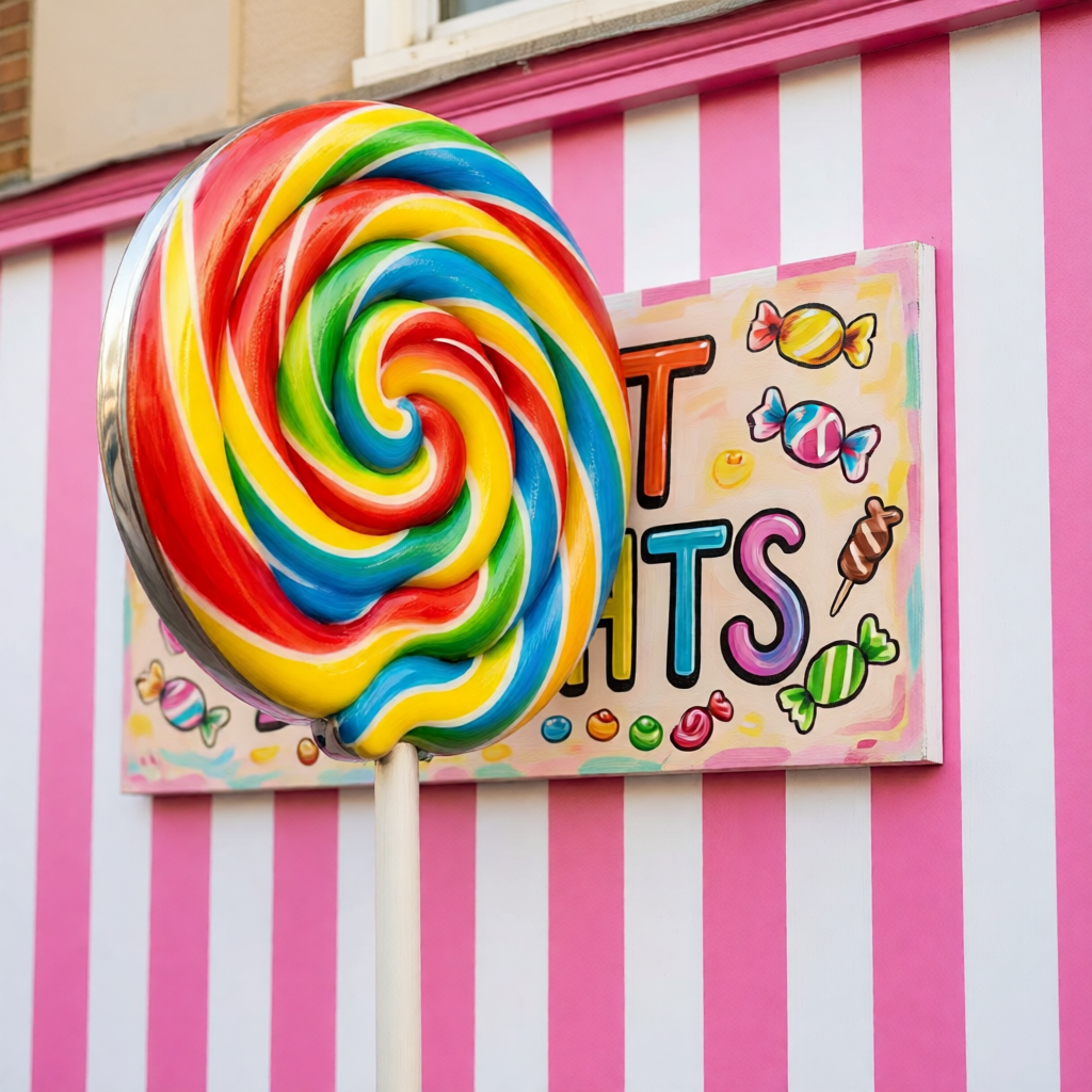 Close-up of projecting lollipop sign with bright colors for candy confectionery shop