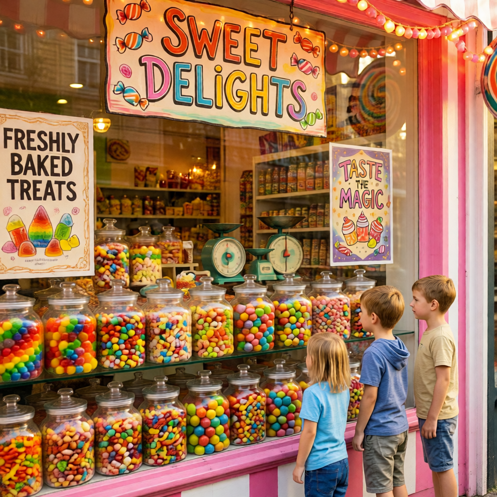 Candy store window with colorful sweet-themed graphics and cheerful entrance design