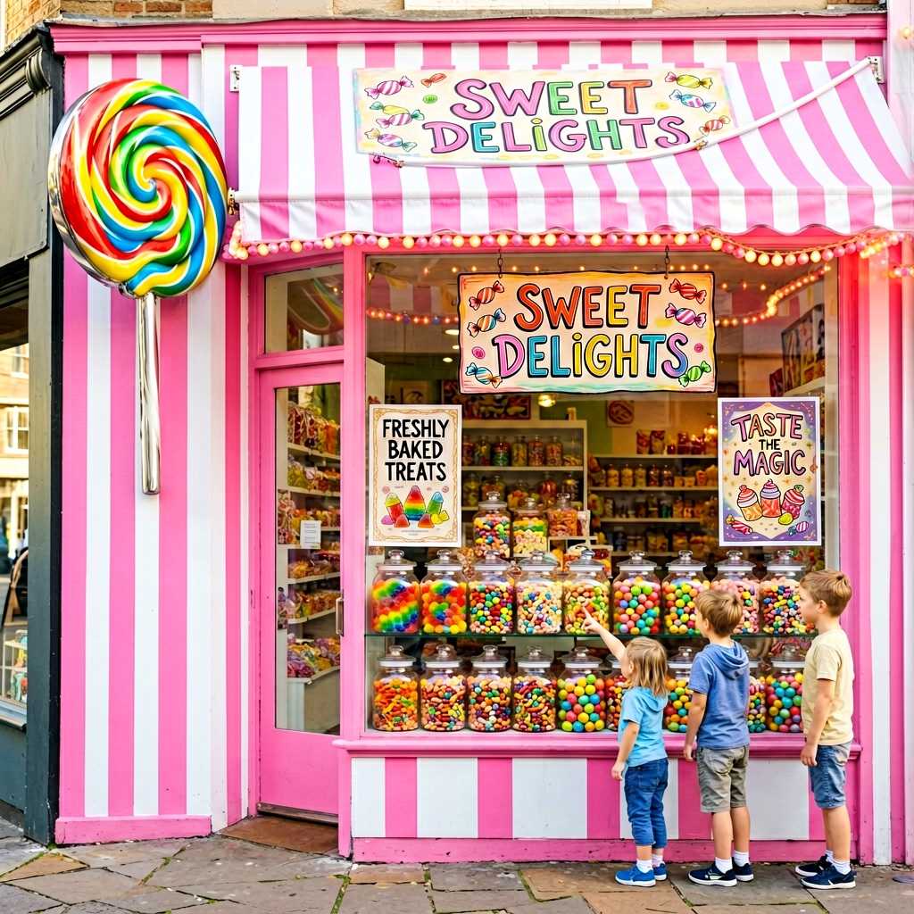 Candy shop storefront with colorful painted sign and projecting lollipop signage in Nashville