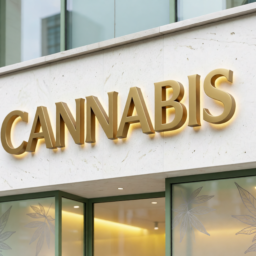 Close-up of matte gold metal dimensional letters for cannabis dispensary entrance
