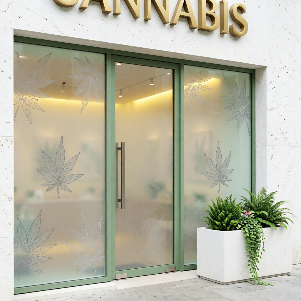 Cannabis dispensary entrance with frosted glass door and subtle leaf pattern etching