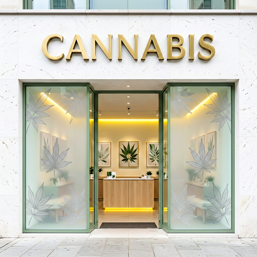 Premium cannabis dispensary storefront with matte gold dimensional letters on white stone facade