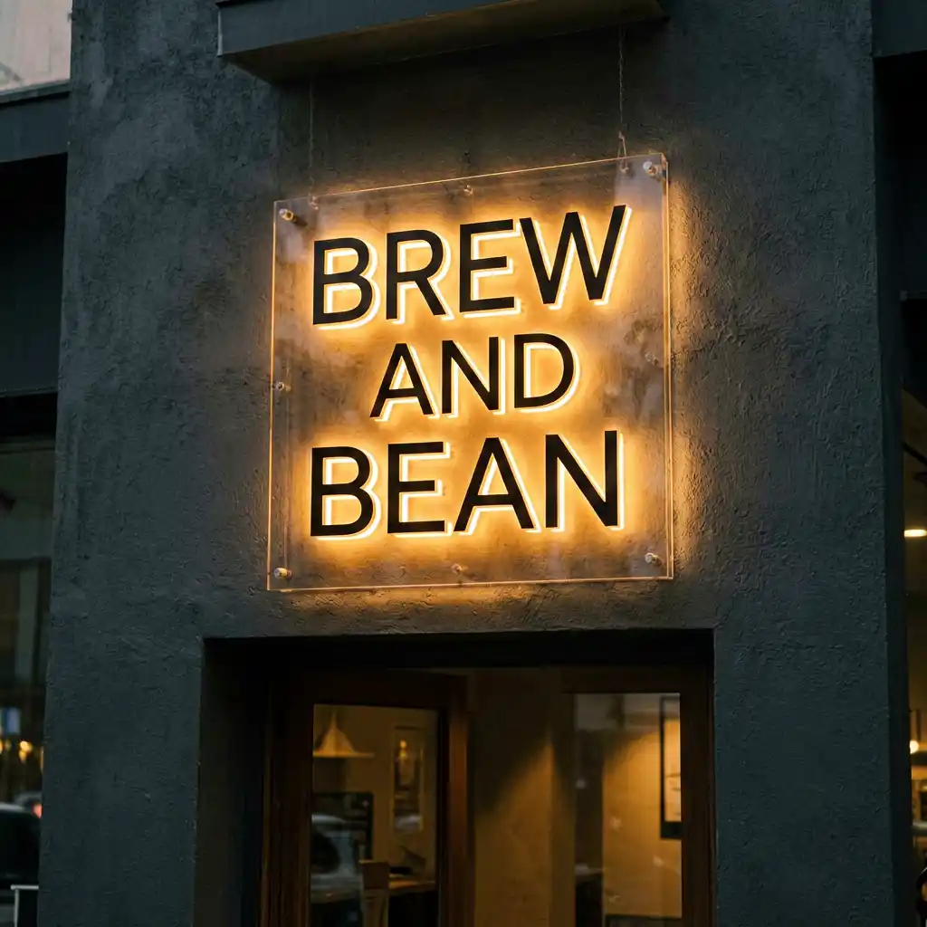 Brew and Bean artisan coffee shop sign — close-up detail of signage