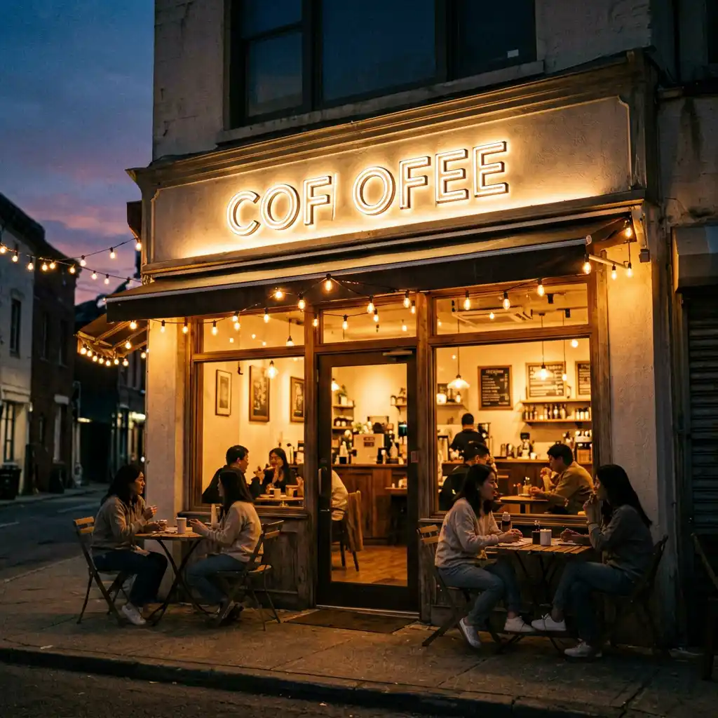 Brew and Bean artisan coffee shop sign — alternate angle showing full storefront