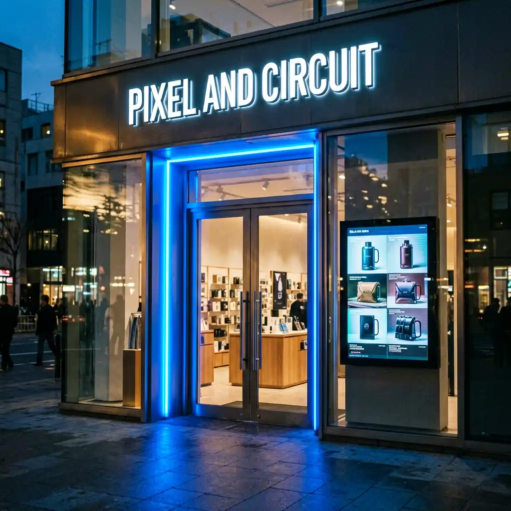 Pixel and Circuit electronics store sign — alternate angle showing full storefront