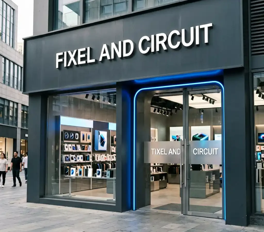 A Futuristic Tech Store Sign for Pixel and Circuit in San Francisco SoMa