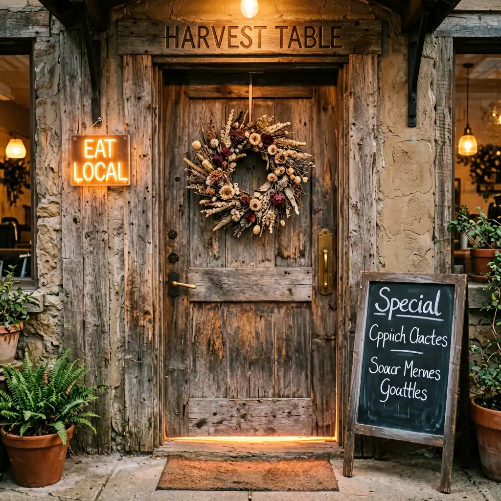 Harvest Table farm-to-table restaurant sign — alternate angle showing full storefront