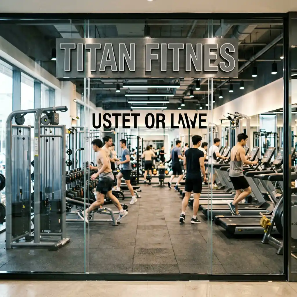 Titan Fitness studio storefront sign — alternate angle showing full storefront