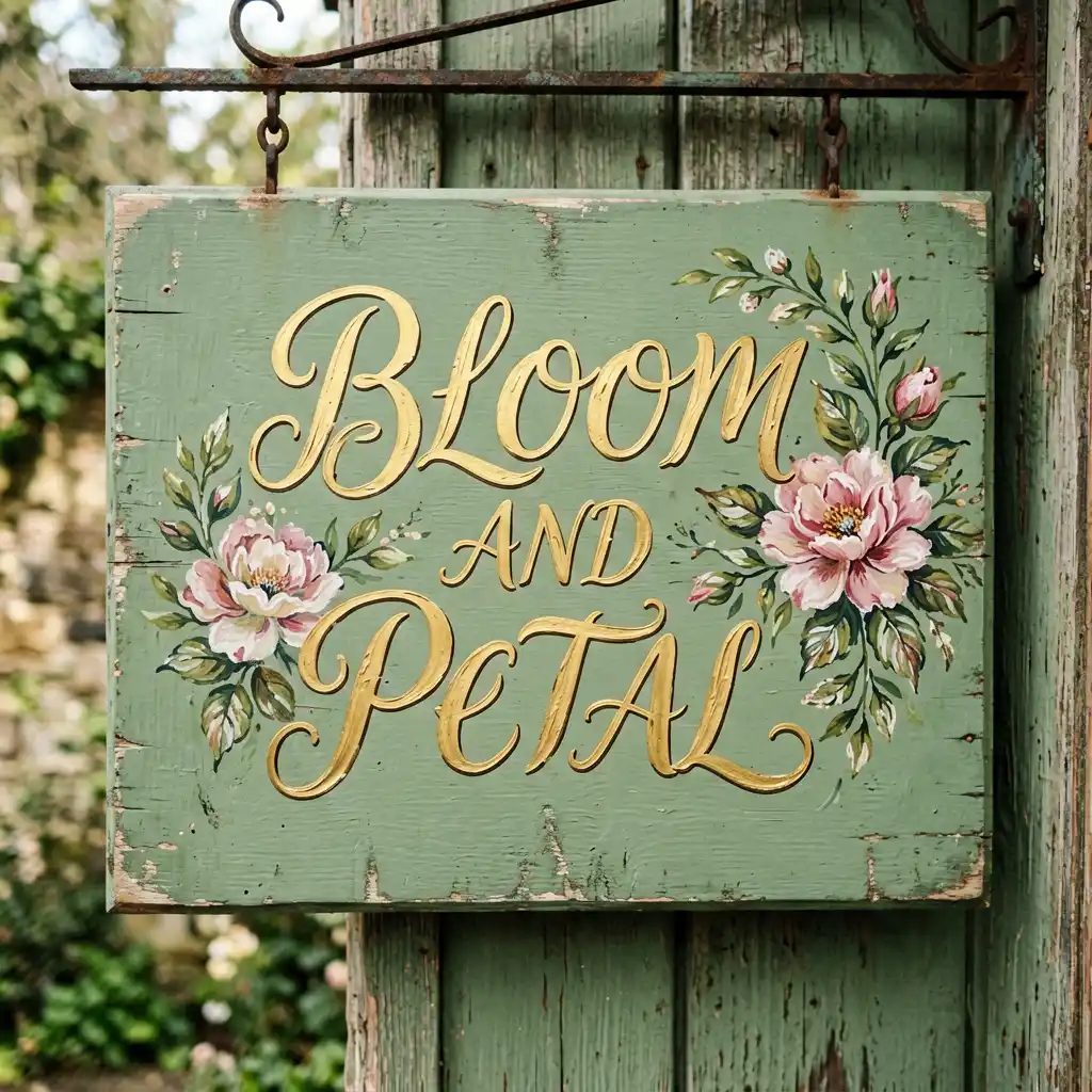 Bloom and Petal florist shop sign — close-up detail of signage