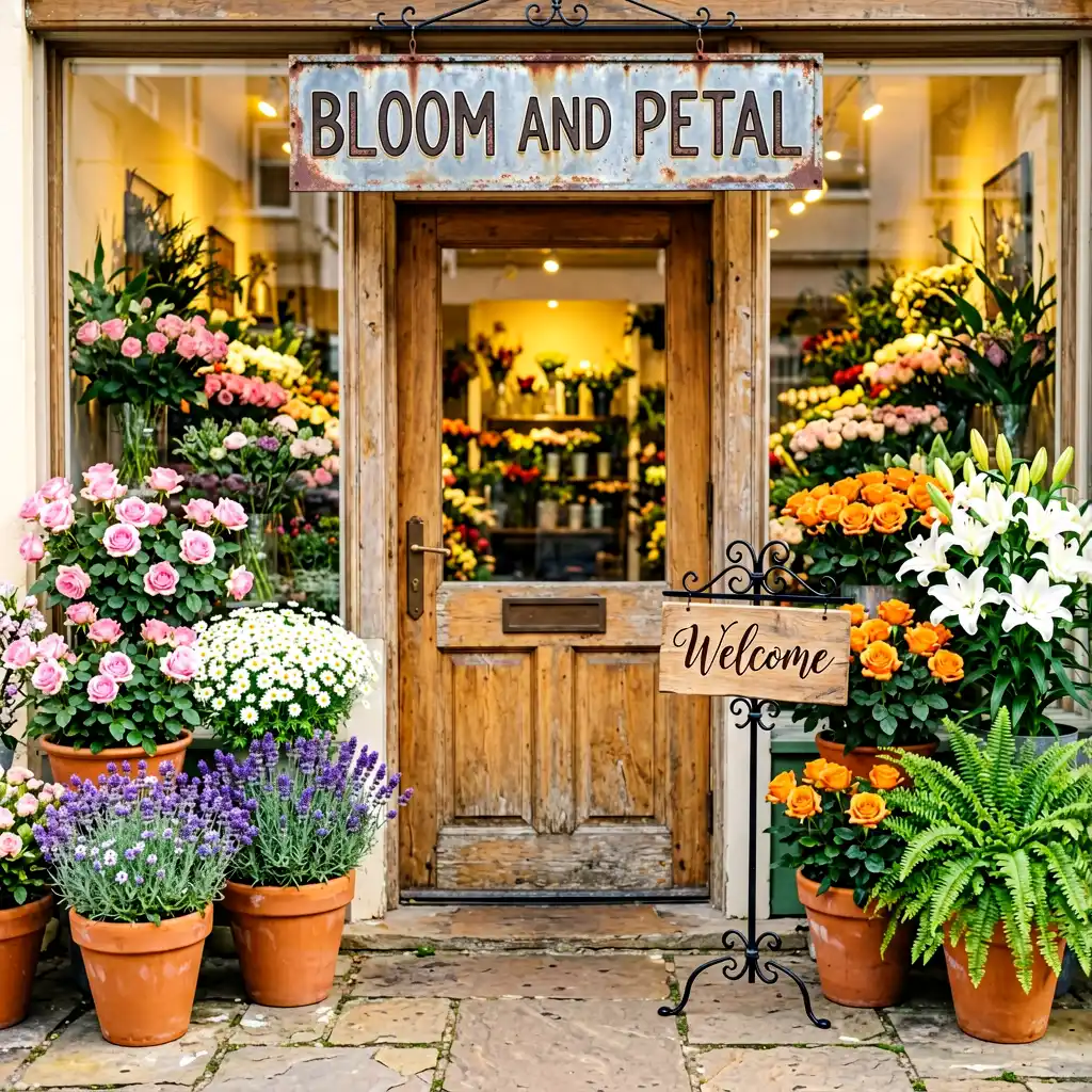 Bloom and Petal florist shop sign — alternate angle showing full storefront