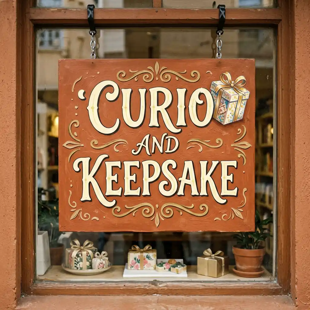 Curio and Keepsake gift shop sign — close-up detail of signage