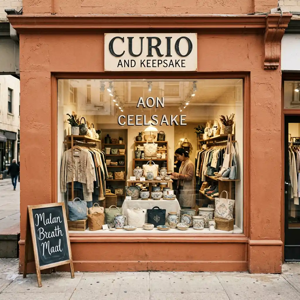 Curio and Keepsake gift shop sign — alternate angle showing full storefront