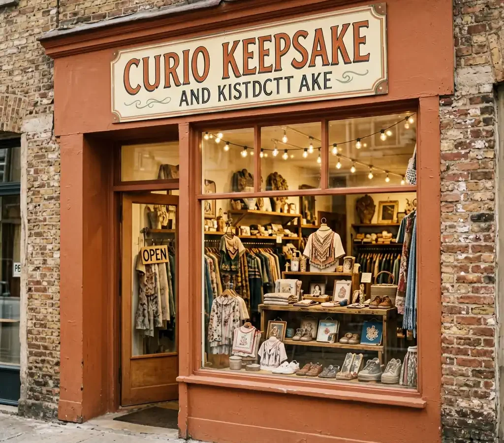Small Town Charm Curio and Keepsake Gift Shop Sign in Savannah Historic District