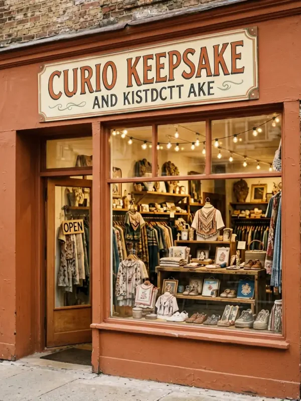 Small Town Charm Curio and Keepsake Gift Shop Sign in Savannah Historic District