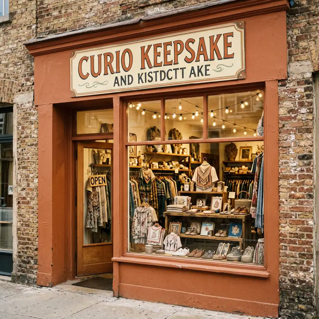 Small Town Charm Curio and Keepsake Gift Shop Sign in Savannah Historic District