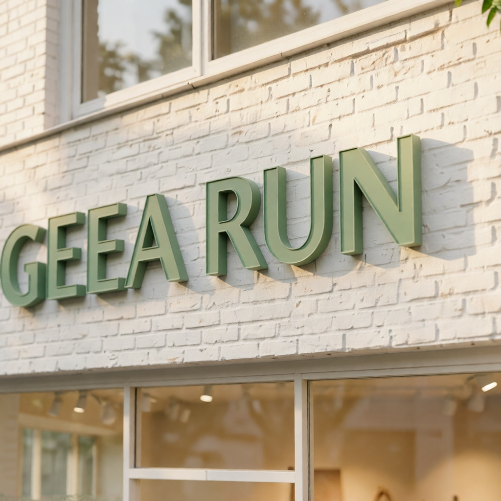 Close-up of sage green acrylic dimensional letters with brushed aluminum mounting for home decor boutique