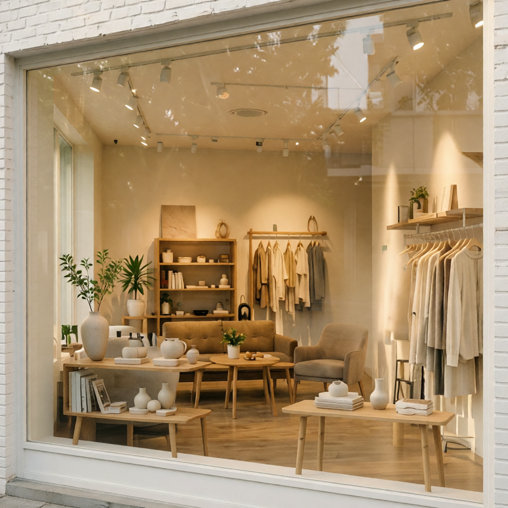 Home decor store window with frosted vinyl graphics and seasonal display arrangement