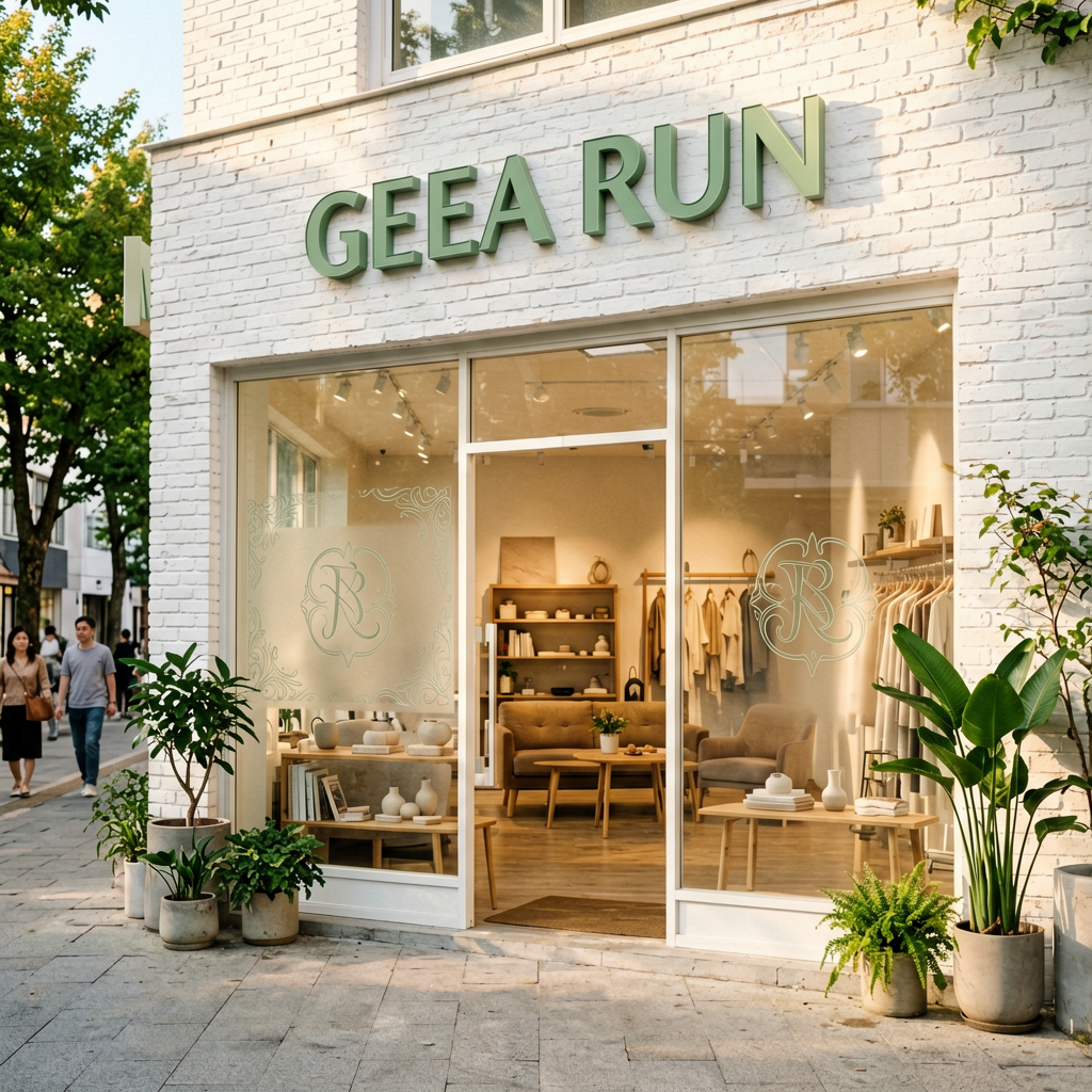 Home decor storefront with sage green acrylic dimensional letters on white brick facade and frosted window film