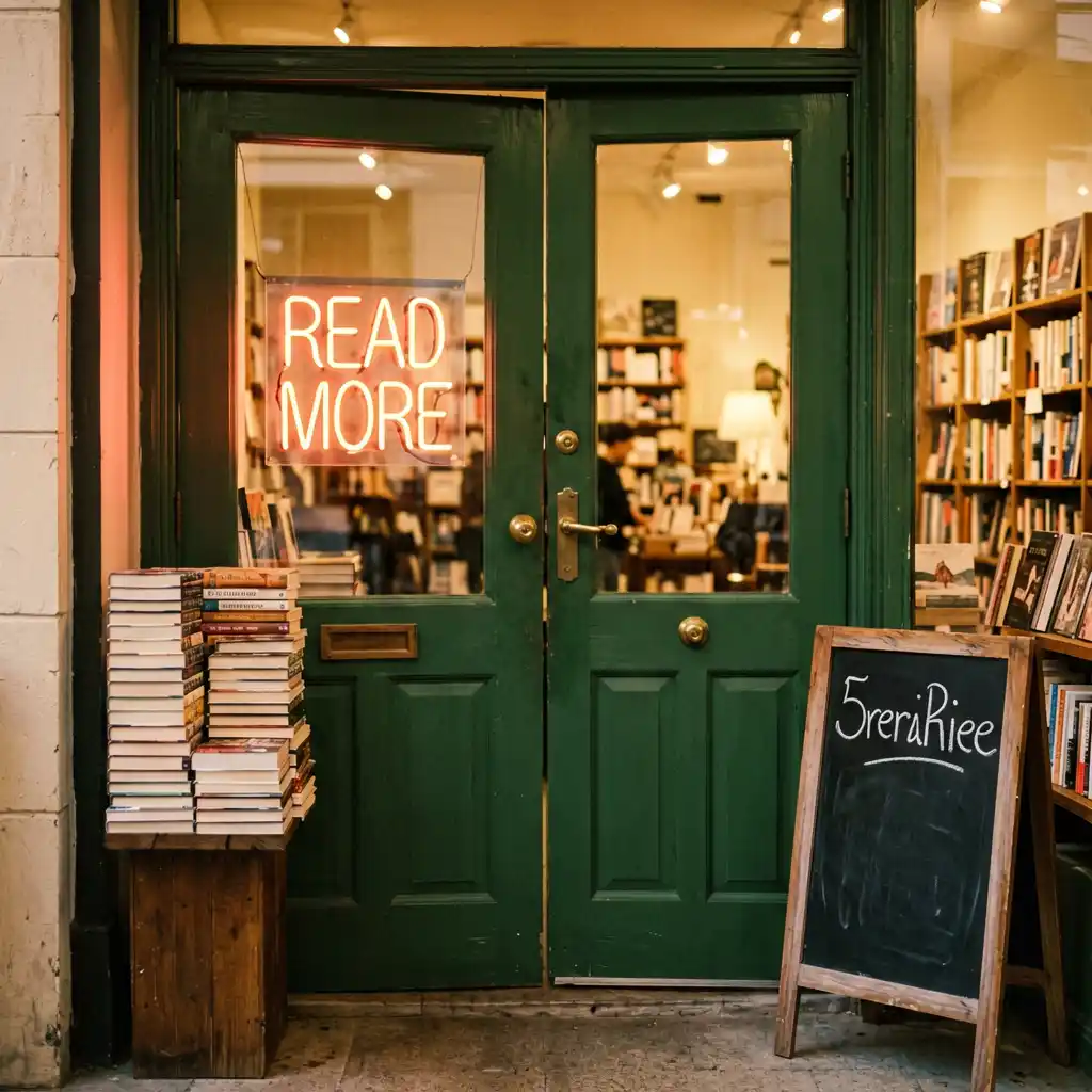 Page and Co independent bookstore sign — alternate angle showing full storefront
