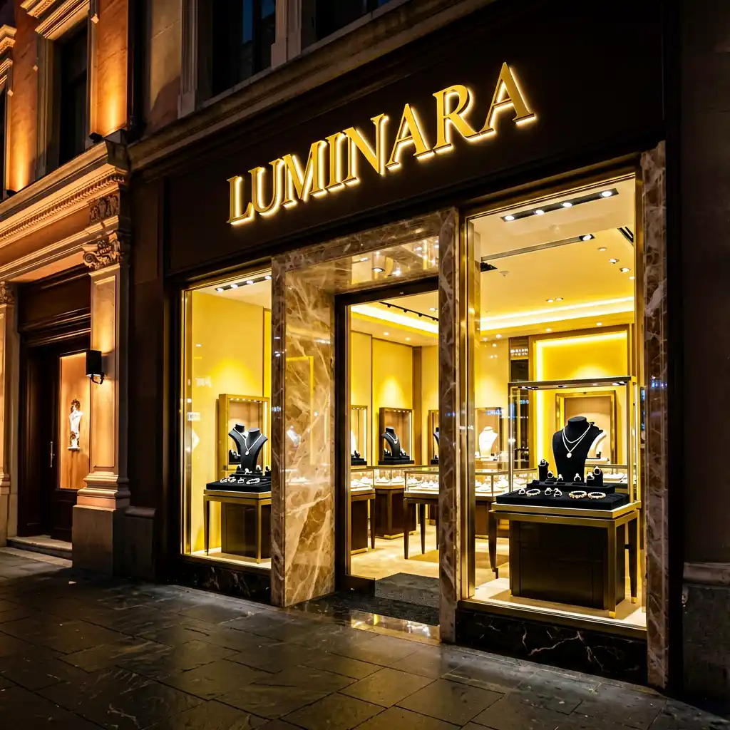 Luminara jewelry boutique sign on Rodeo Drive — alternate angle showing full storefront