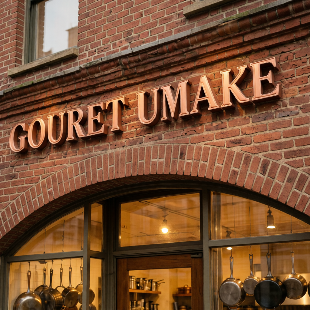 Close-up of copper metal channel letters with warm LED backlight for kitchen cookware store