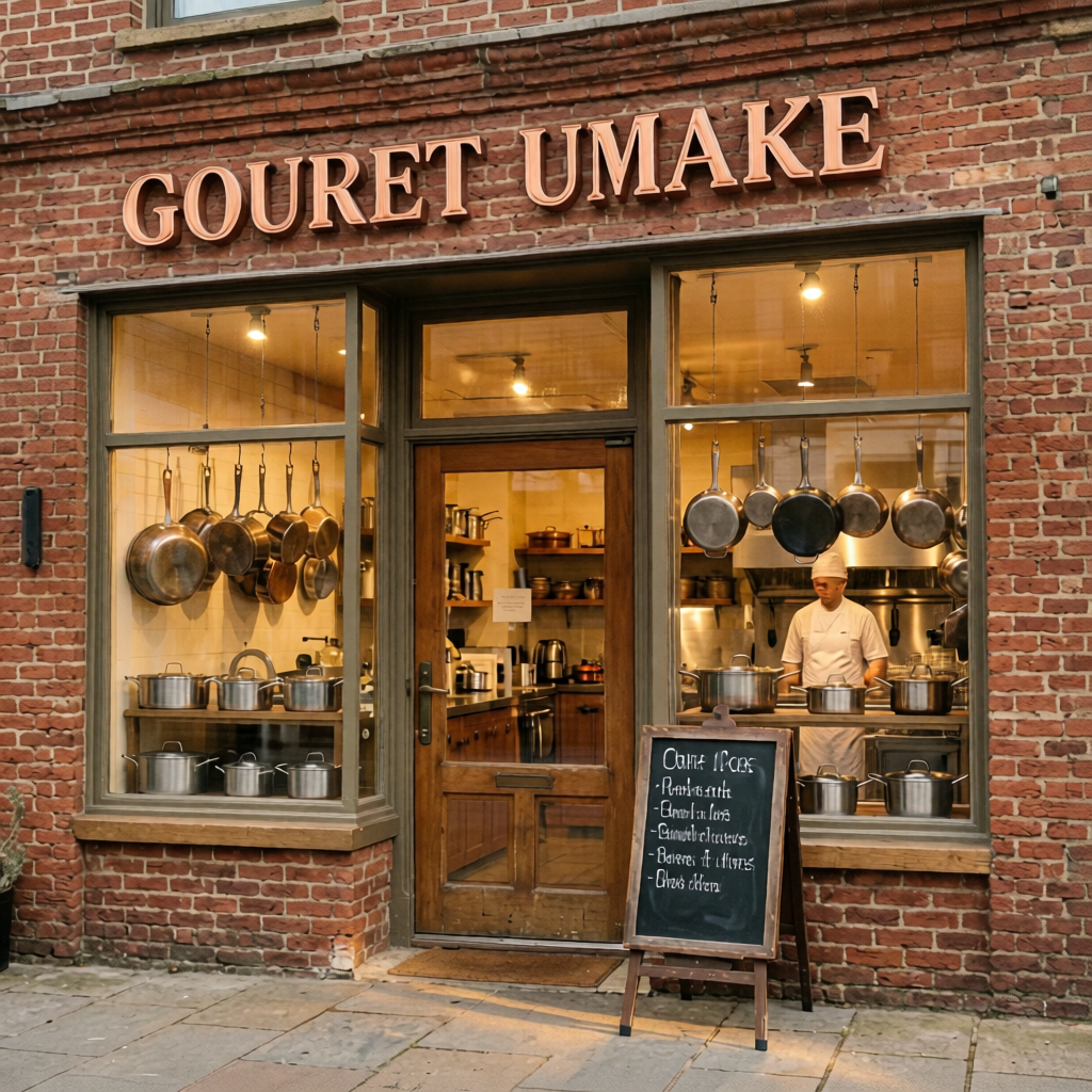 Gourmet kitchen store window display with cookware arrangements and copper signage theme