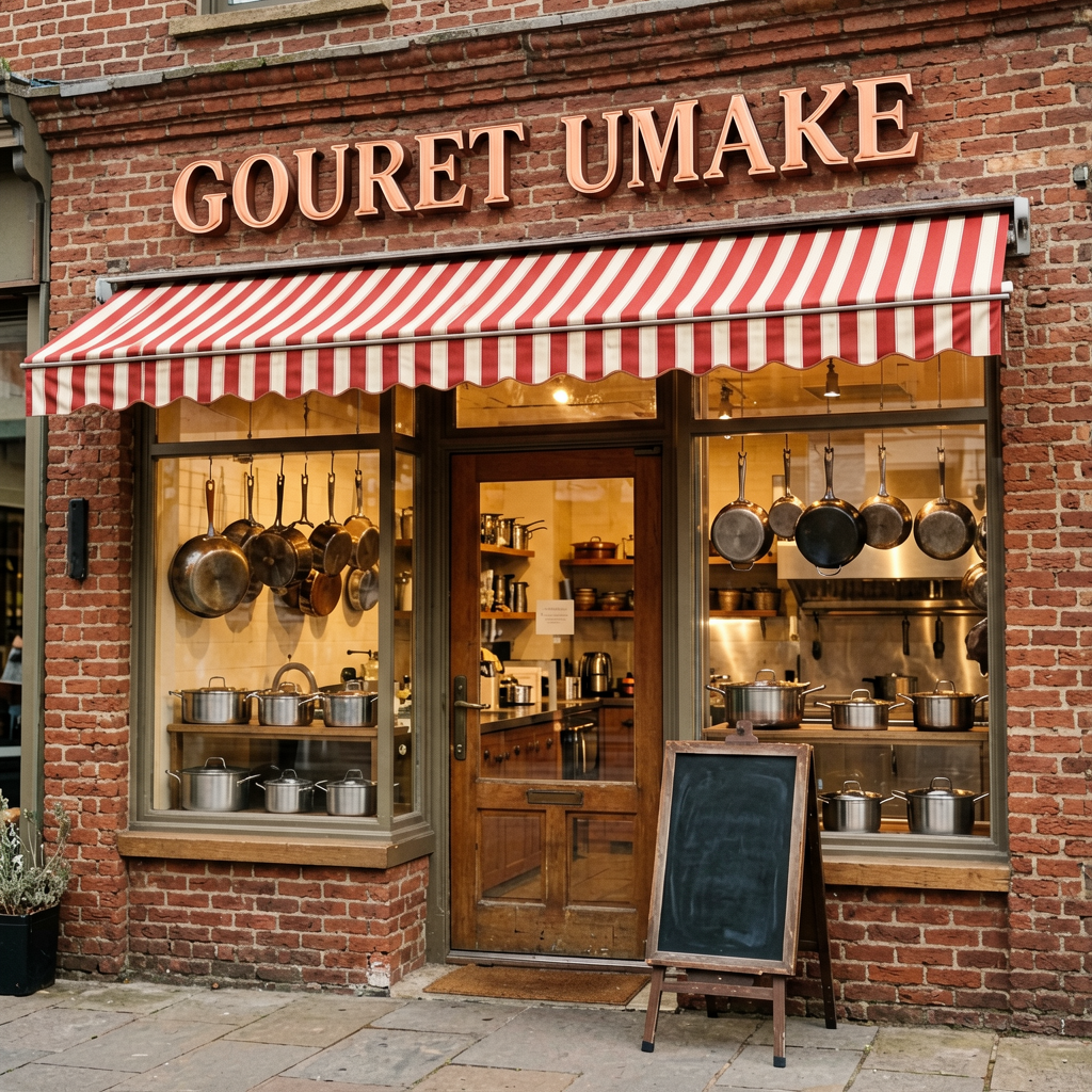 Gourmet cookware storefront with copper-toned dimensional channel letters on red brick facade with striped awning
