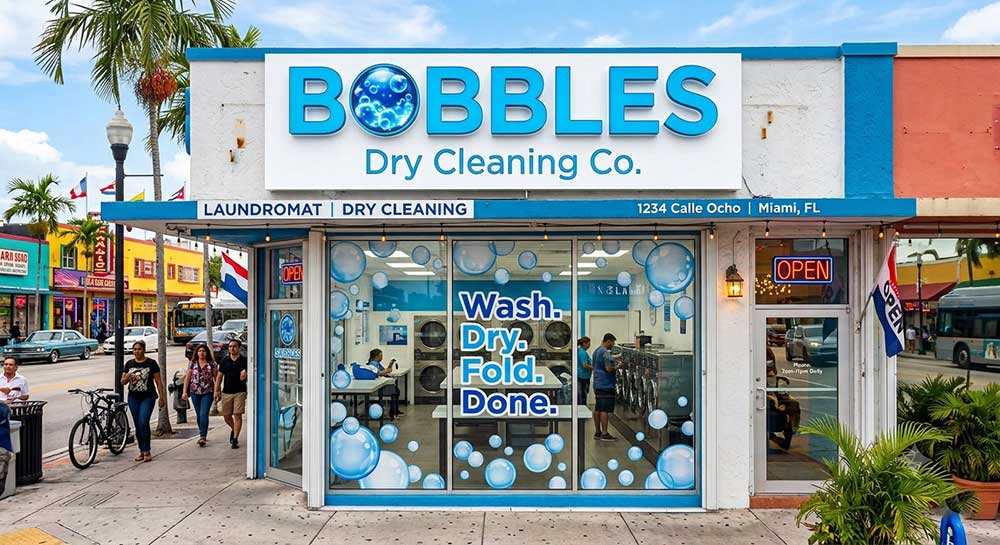 Laundromat Signage Design Case: Bubbles & Dry Cleaning Co.