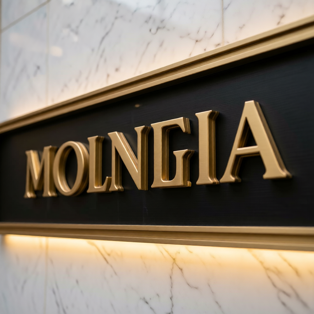 Close-up of brushed brass channel letters with LED backlight for luxury watch and accessories boutique