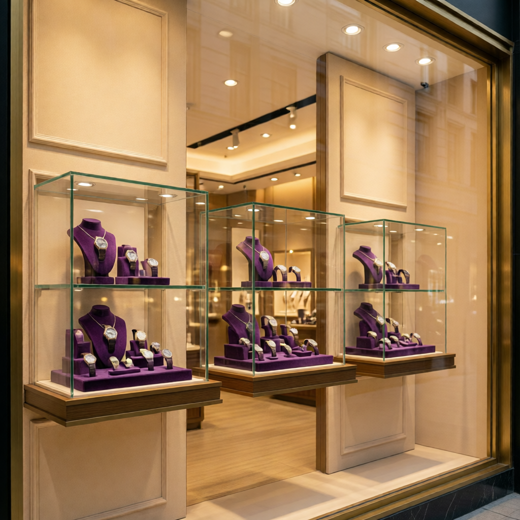 Luxury watch store window display with elegant product presentation and gold accent signage