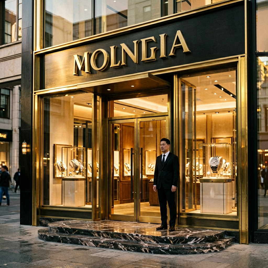 Luxury watch boutique storefront with brushed brass dimensional channel letters on marble facade in Beverly Hills