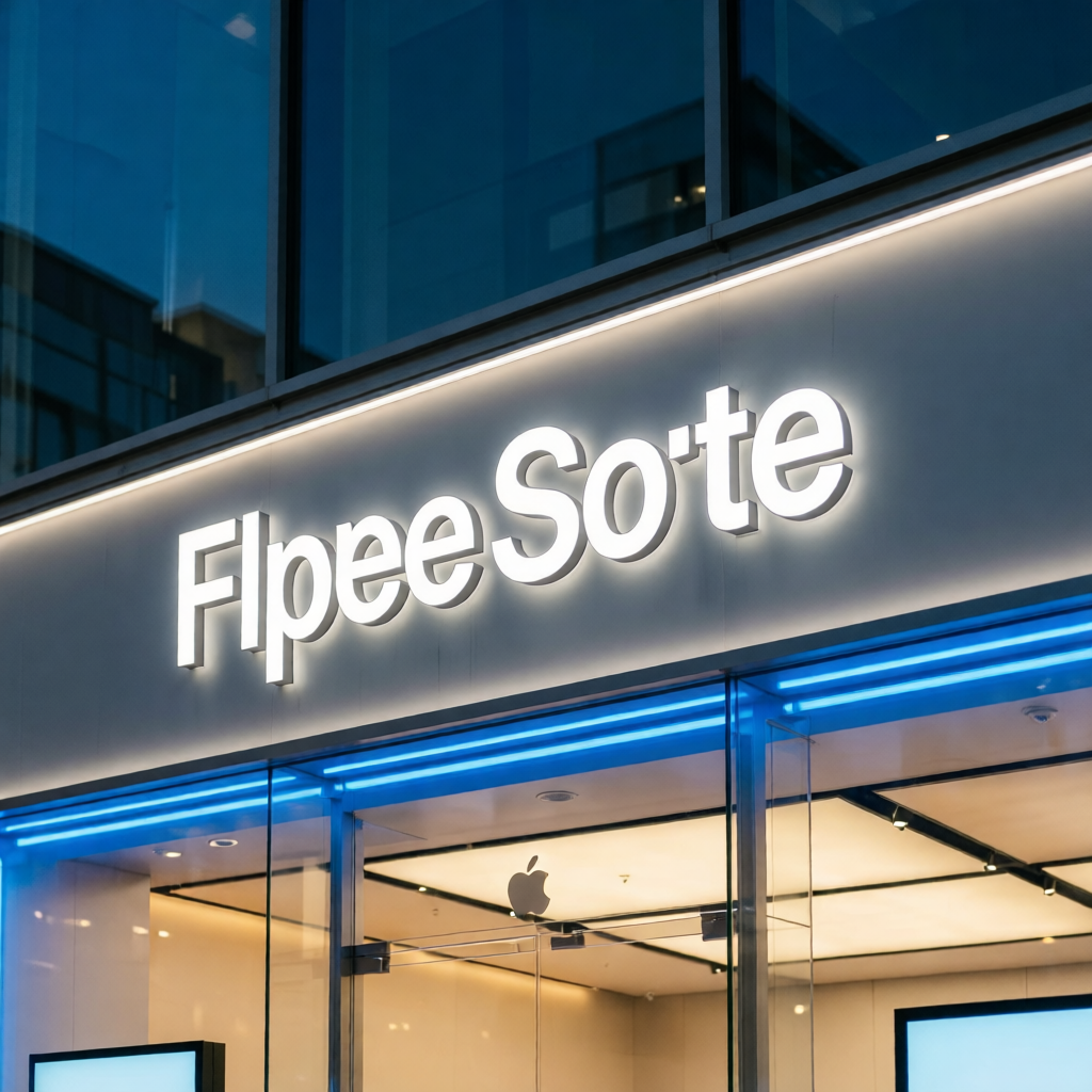 Close-up of white acrylic channel letters with blue LED accent for mobile phone store