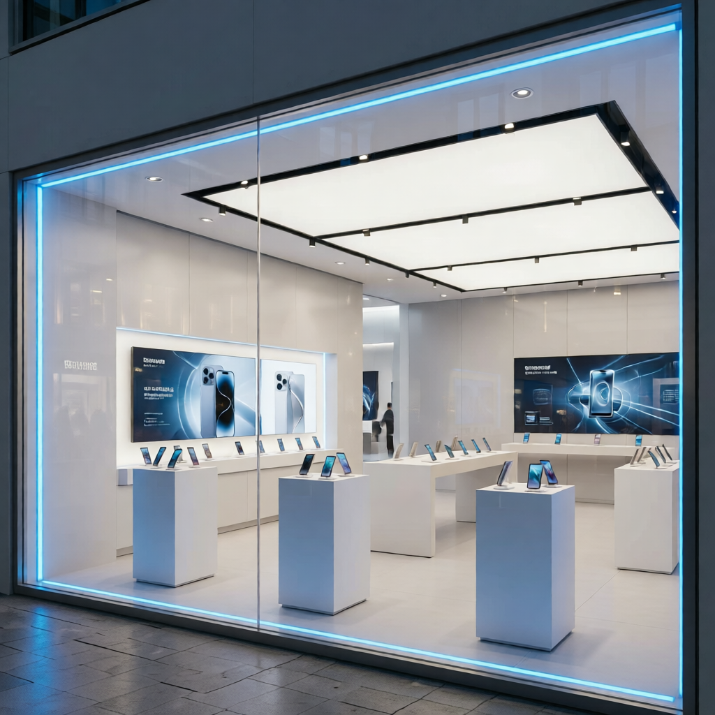 Tech store window with LED digital display showcase and modern storefront design