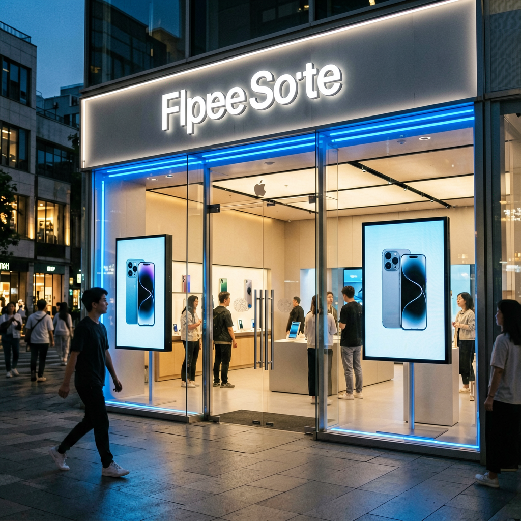 Tech gadget storefront with white LED channel letters and digital window display in Seattle