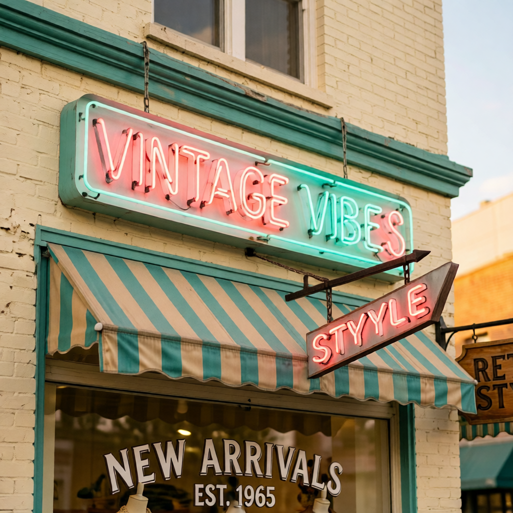 Close-up of warm pink glass neon tube lettering for vintage thrift store