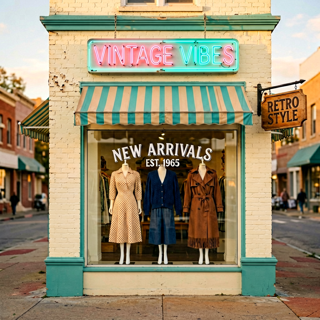 Vintage clothing storefront with pink neon sign and teal trim on painted brick in Brooklyn